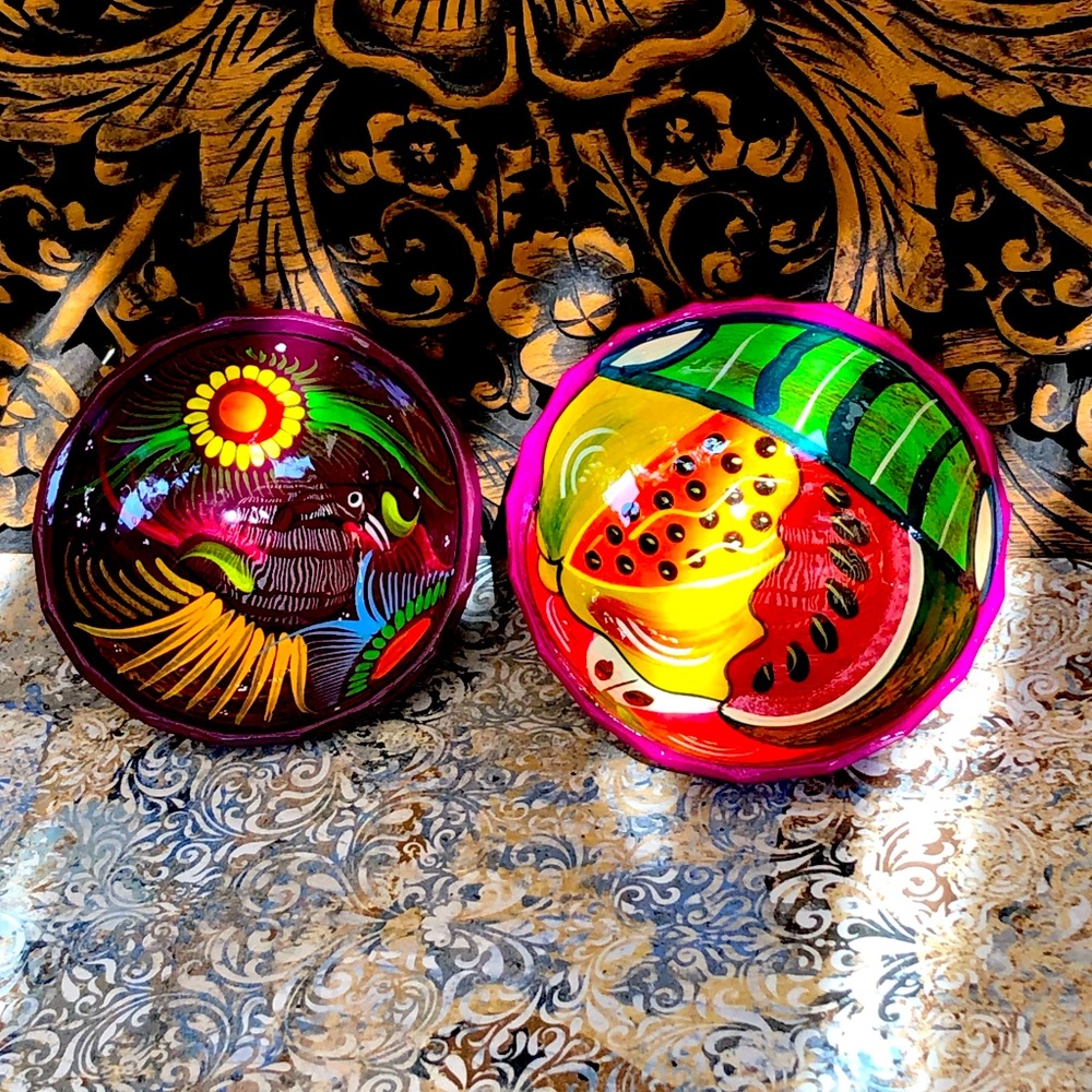 2 Mexican Glazed Pottery Hand Made Painted Salsa Footed Bowls Floral Motif